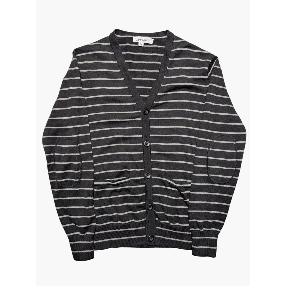 Calvin Klein Striped Cotton Cardigan L Black Gray‎ Button Front Elbow Patches